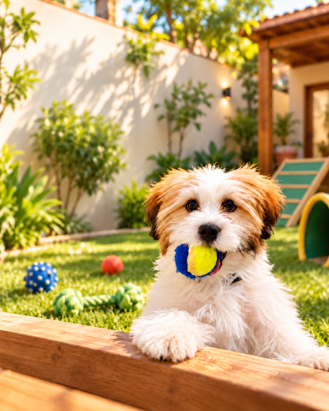 Luna em um ambiente de creche canina acolhedor
